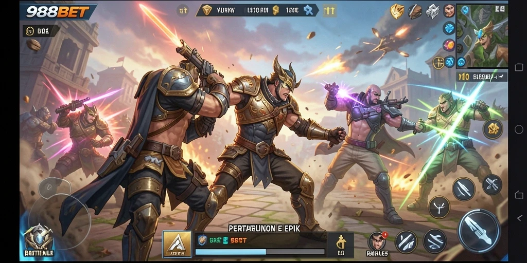 Screenshot gameplay 988BET yang memperlihatkan pertempuran intens di arena Battle Royale.