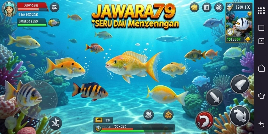 Screenshot menampilkan gameplay seru dalam JAWARA79 saat menembak ikan.
