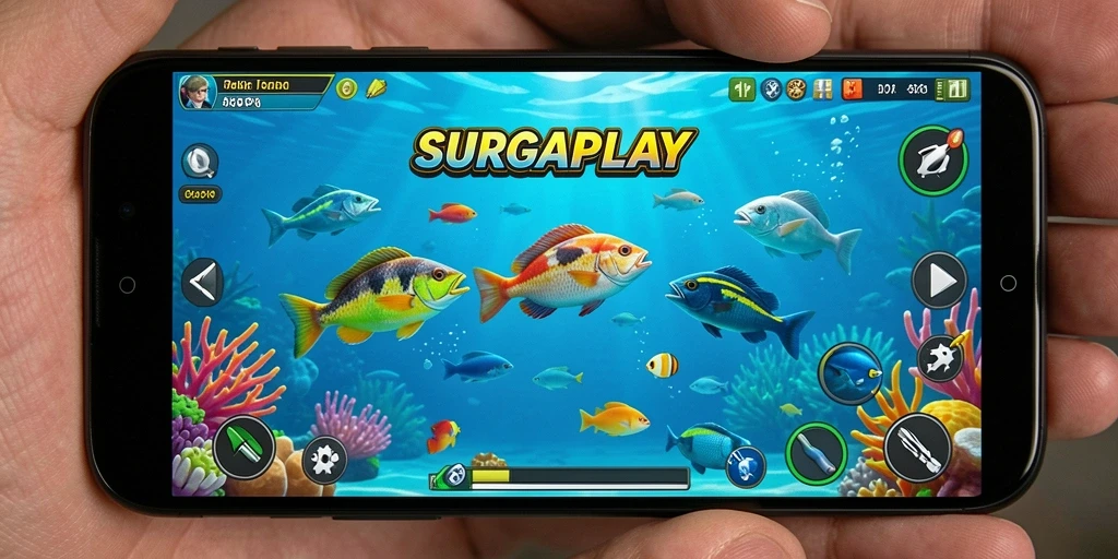 Tampilan gameplay <strong>SURGAPLAY</strong> saat menembak ikan di bawah laut.